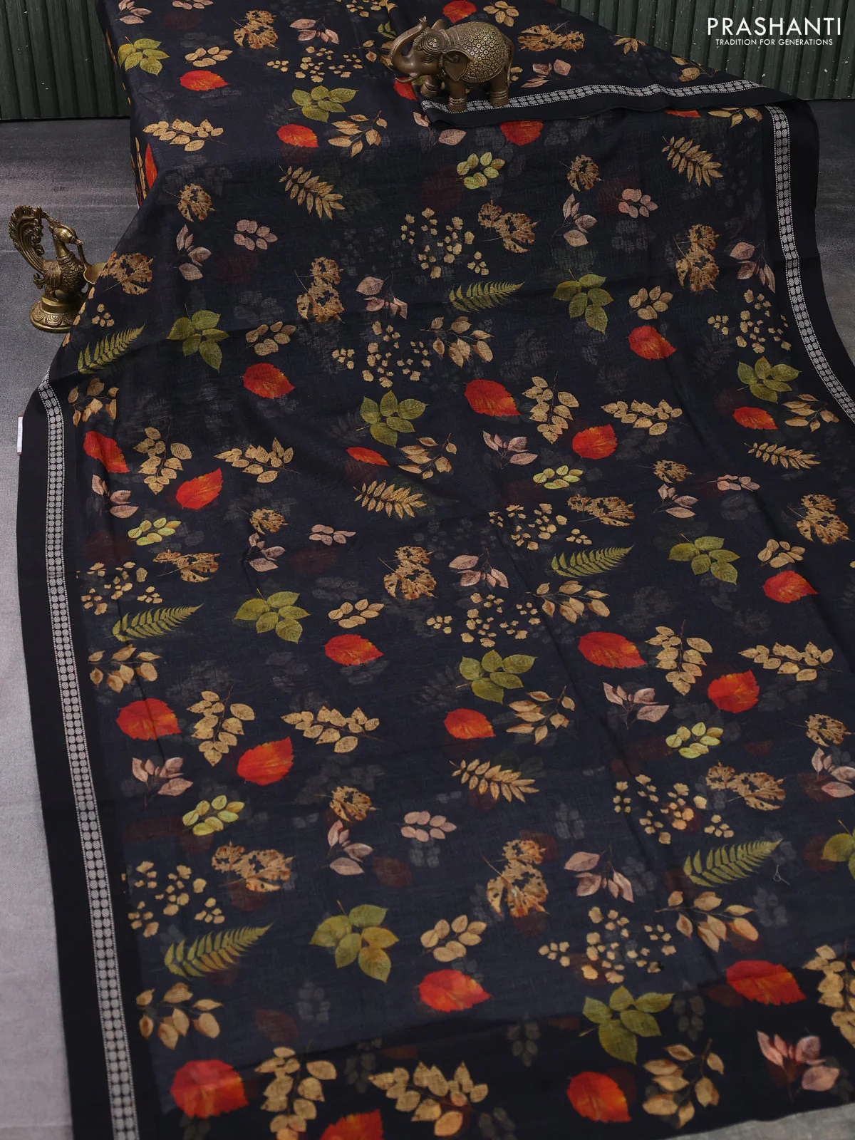 Kota silk cotton saree black with allover leaf digital prints and thread woven border - Image 2