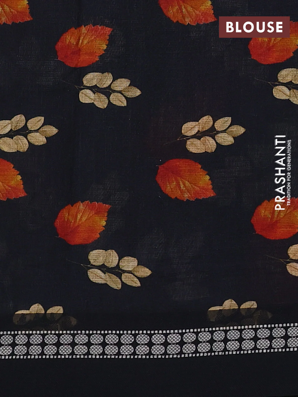 Kota silk cotton saree black with allover leaf digital prints and thread woven border - Image 3