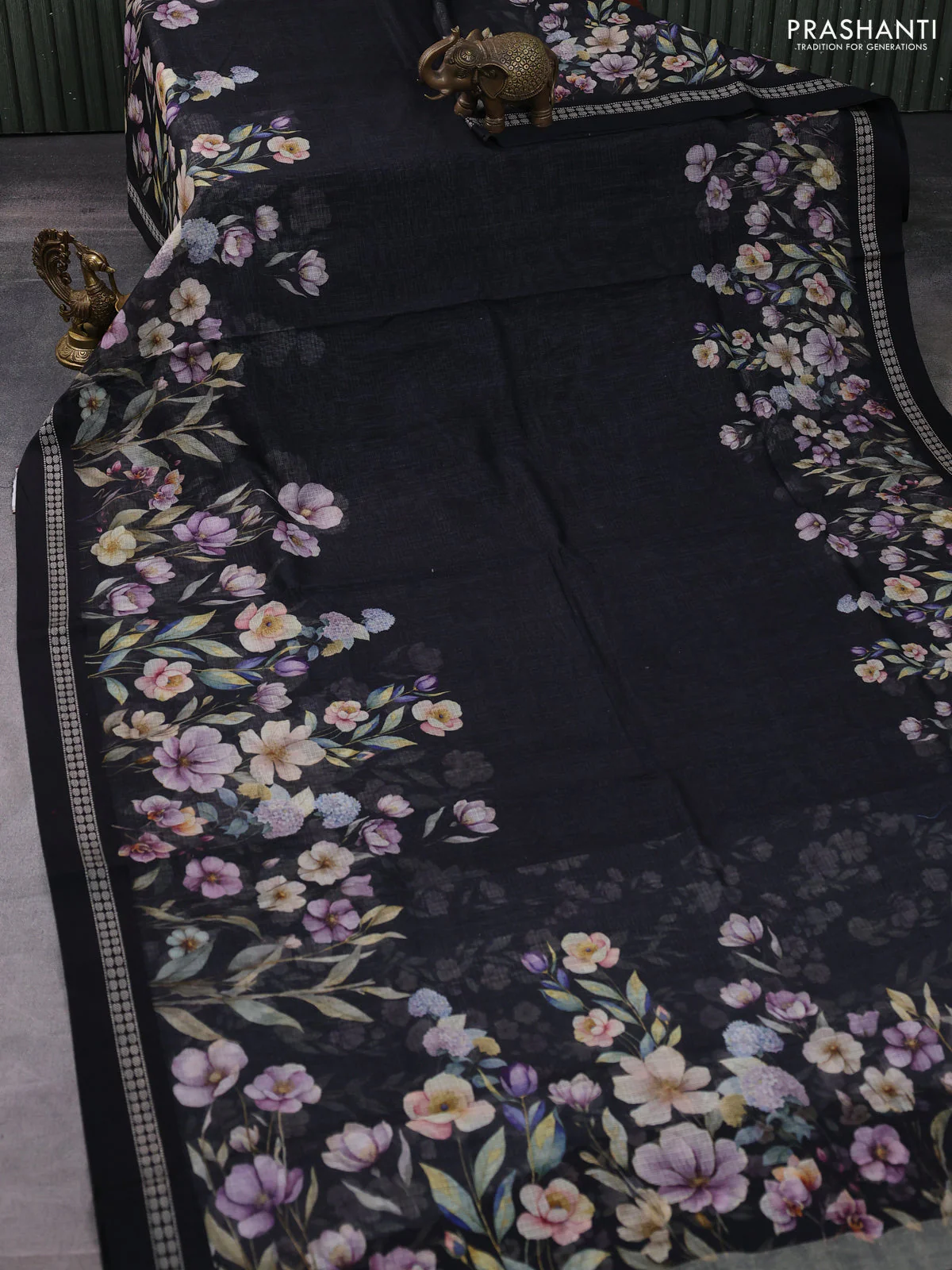 Kota silk cotton saree black with floral digital prints and thread woven border - Image 2