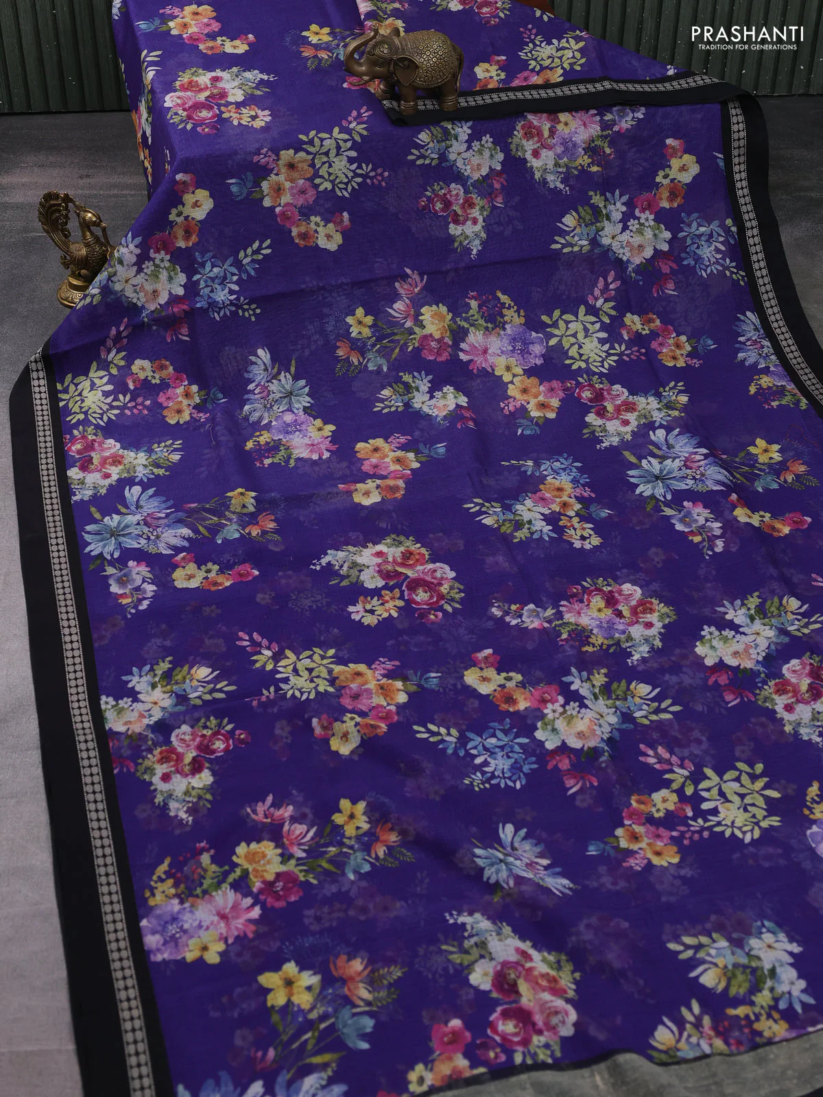 Kota silk cotton saree blue and black with allover floral digital prints and thread woven border - Image 2