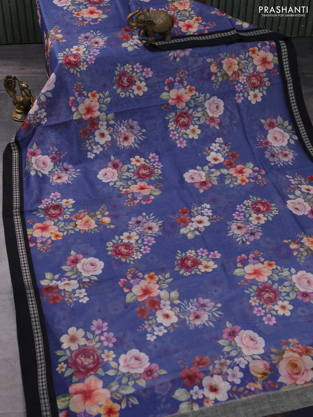 Kota silk cotton saree blue and black with allover floral digital prints and thread woven border - Image 2