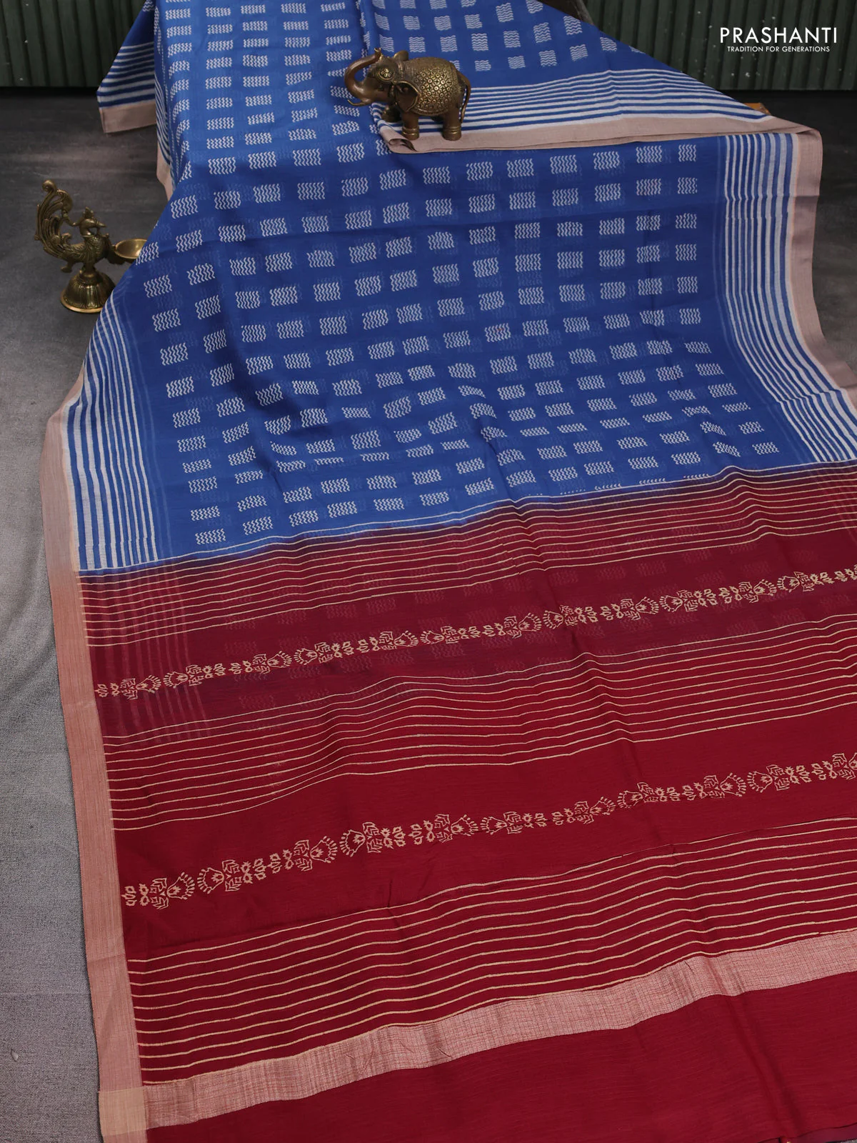 Kota silk cotton saree blue and maroon with allover block prints and simple border - Image 2