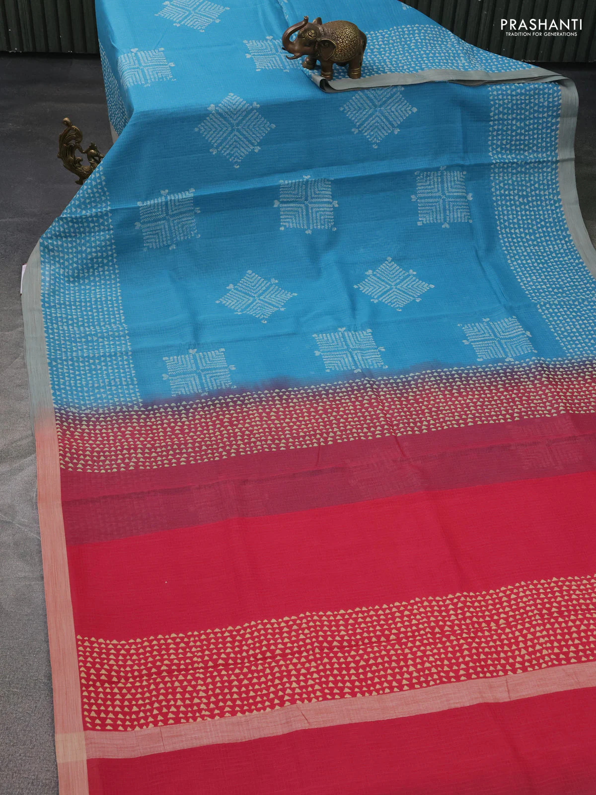 Kota silk cotton saree blue and pink with butta block prints and printed border - Image 2