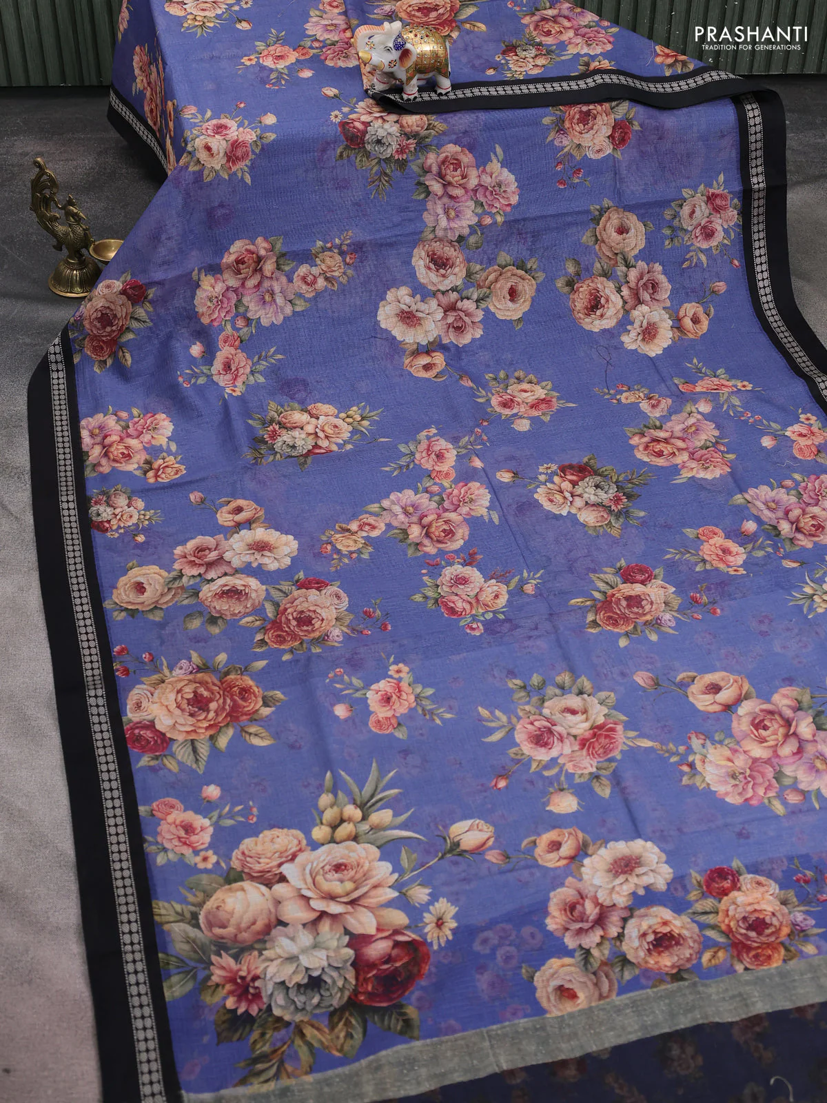 Kota silk cotton saree blue shade and black with allover floral digital prints and thread woven border - Image 2