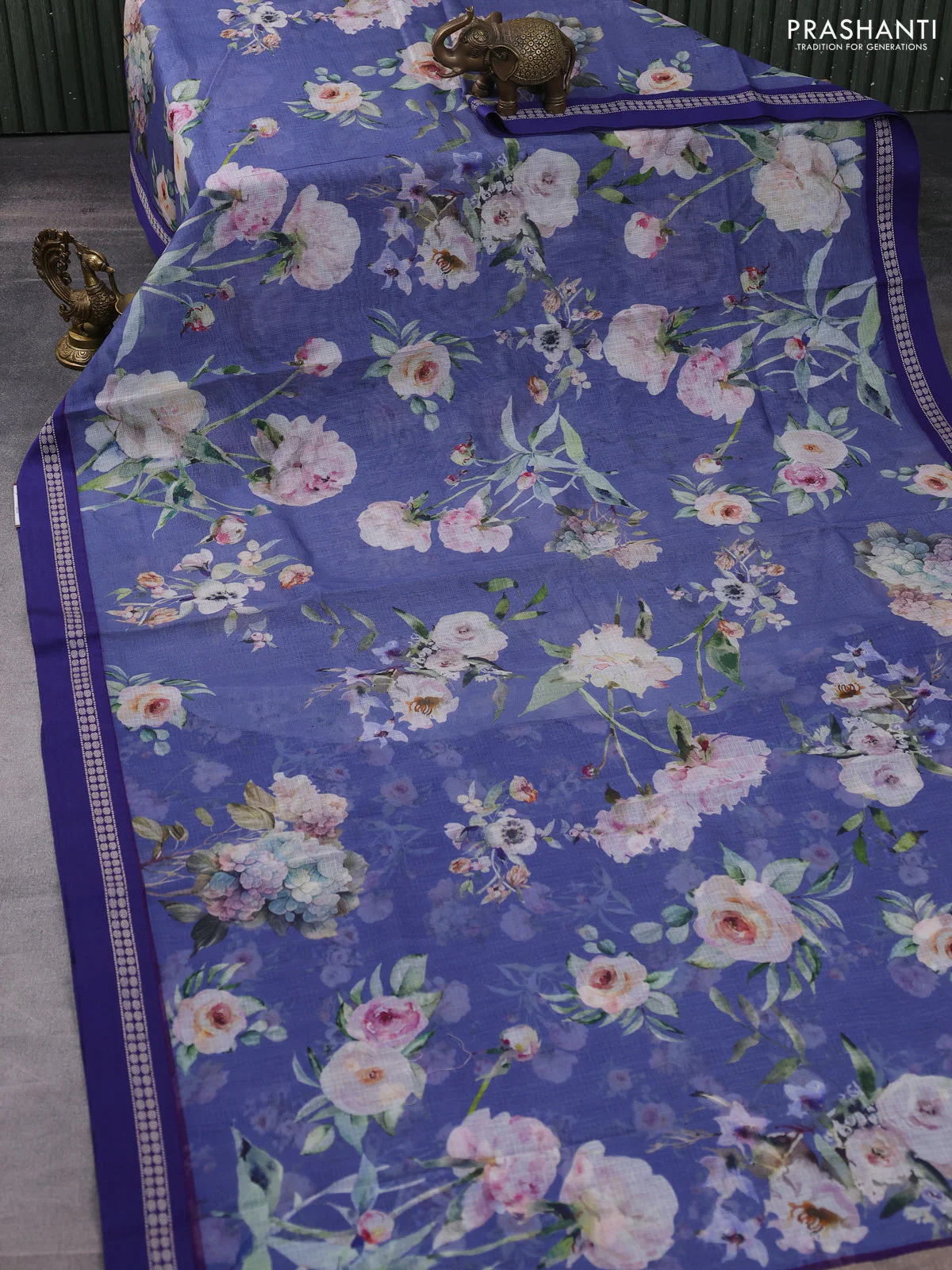 Kota silk cotton saree blue shade and blue with allover floral digital prints and thread woven border - Image 2