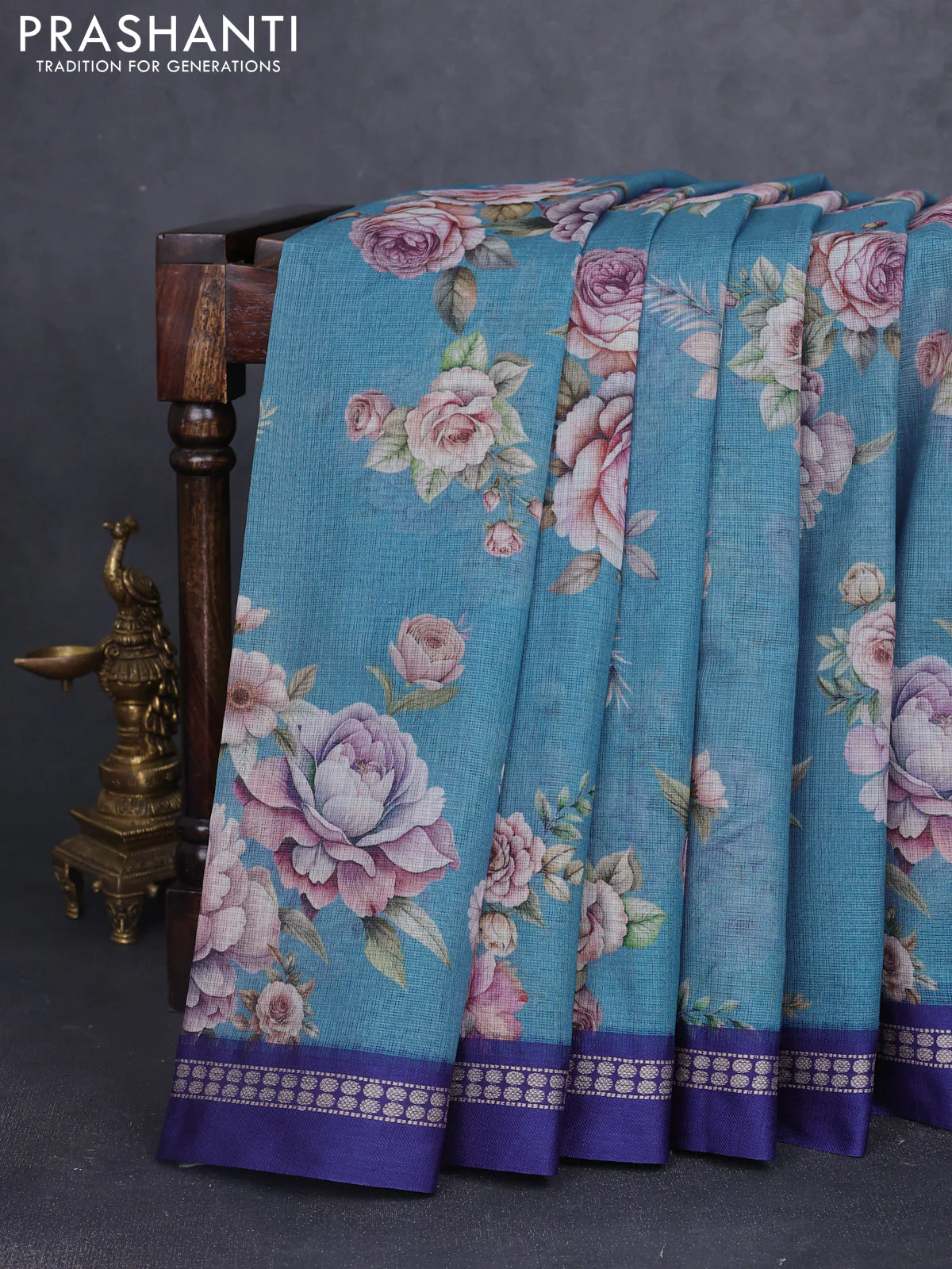 Kota silk cotton saree blue shade and blue with allover floral digital prints and thread woven border