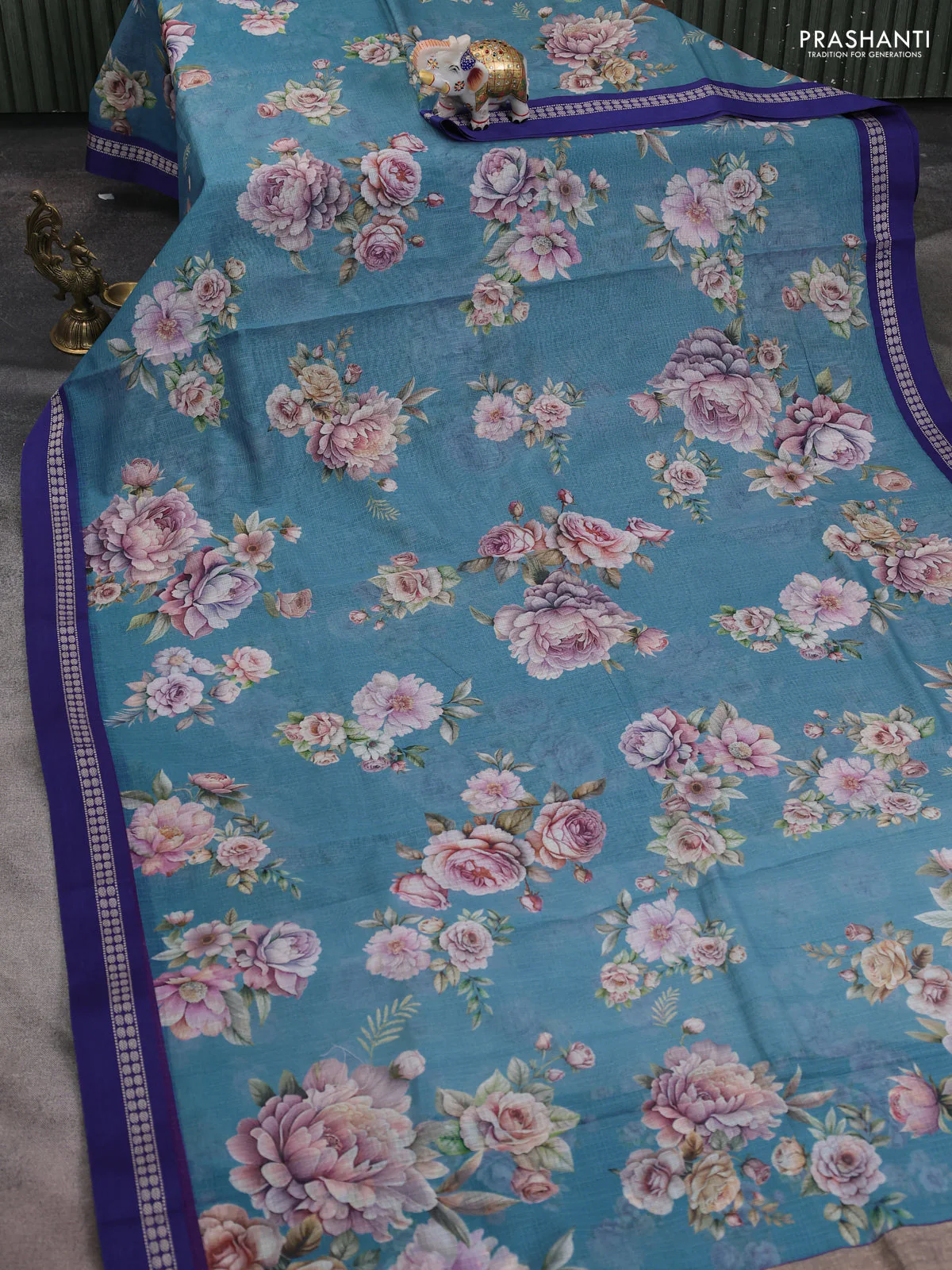 Kota silk cotton saree blue shade and blue with allover floral digital prints and thread woven border - Image 2