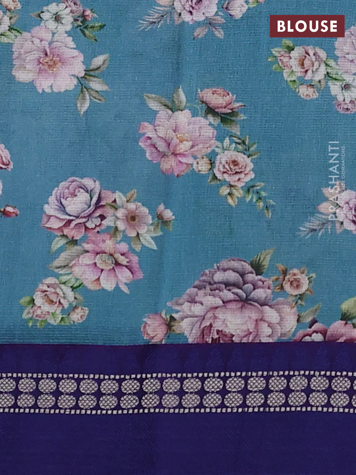 Kota silk cotton saree blue shade and blue with allover floral digital prints and thread woven border - Image 3