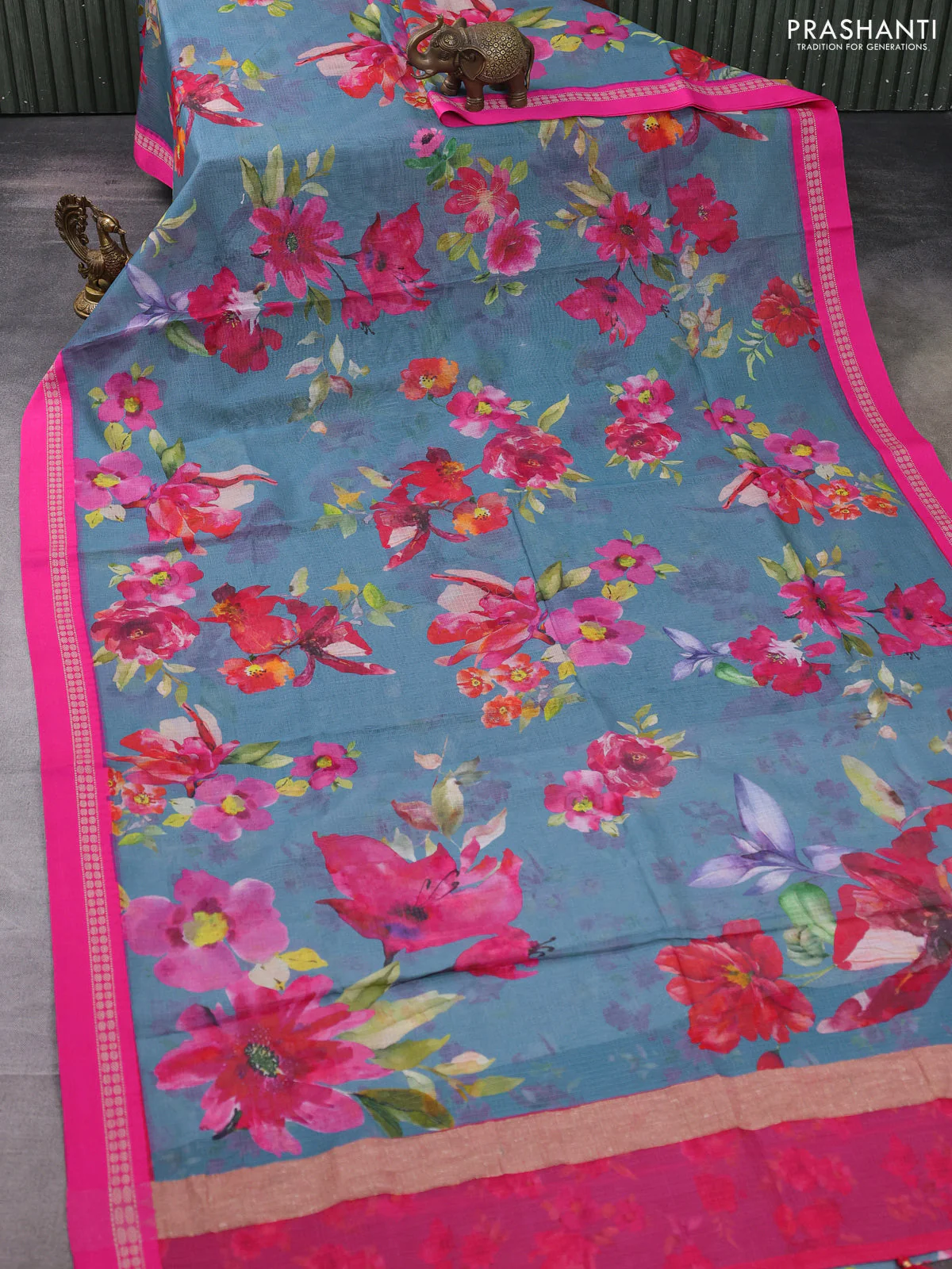 Kota silk cotton saree blue shade and pink with allover floral digital prints and thread woven border - Image 2