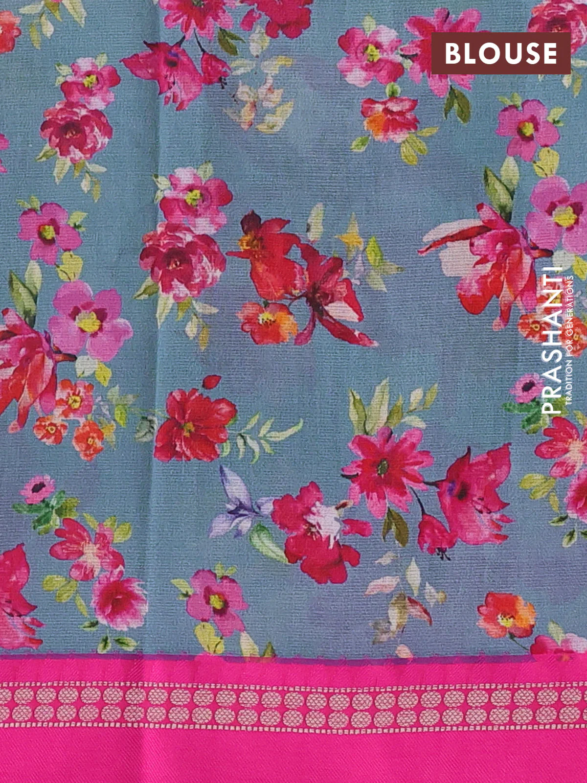 Kota silk cotton saree blue shade and pink with allover floral digital prints and thread woven border - Image 3