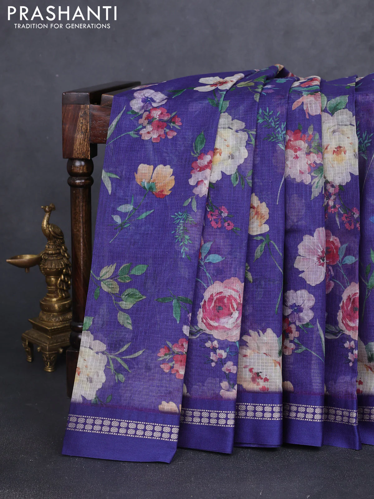Kota silk cotton saree blue with allover floral digital prints and thread woven border