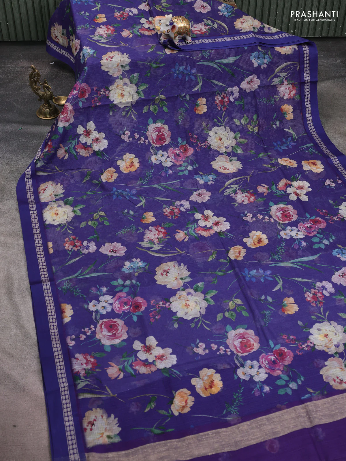 Kota silk cotton saree blue with allover floral digital prints and thread woven border - Image 2