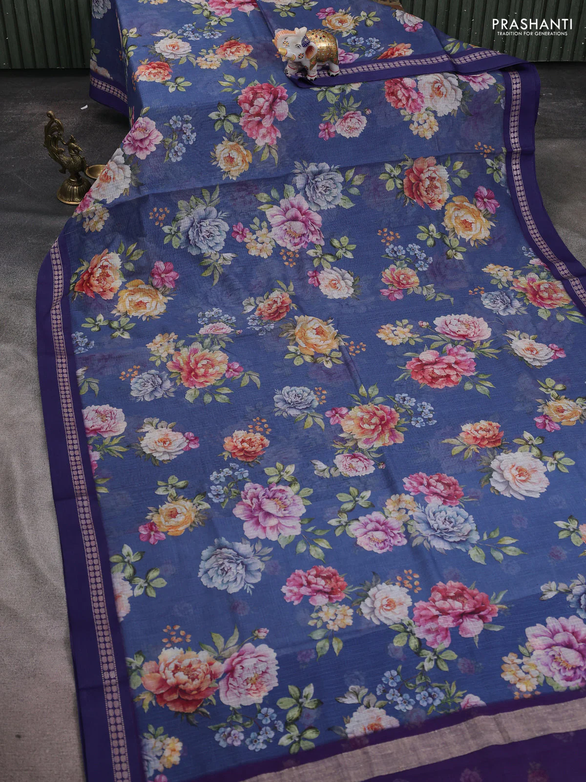 Kota silk cotton saree blue with allover floral digital prints and thread woven border - Image 2