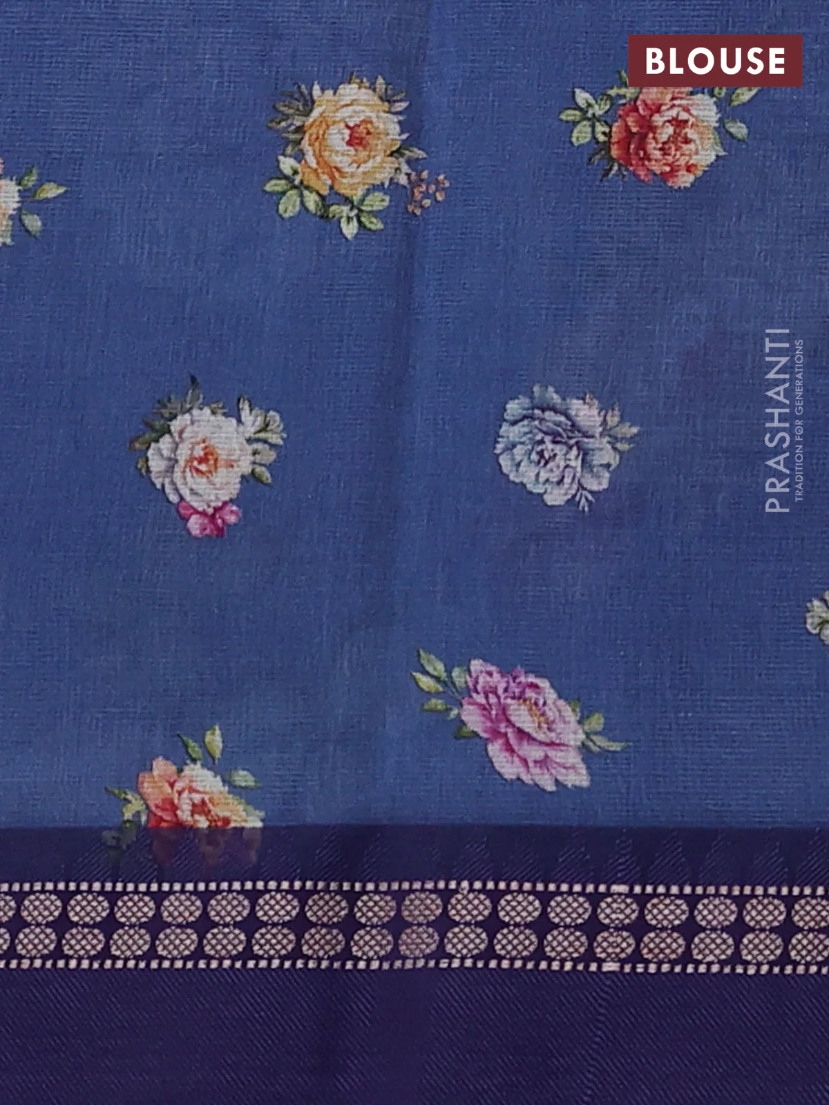 Kota silk cotton saree blue with allover floral digital prints and thread woven border - Image 3