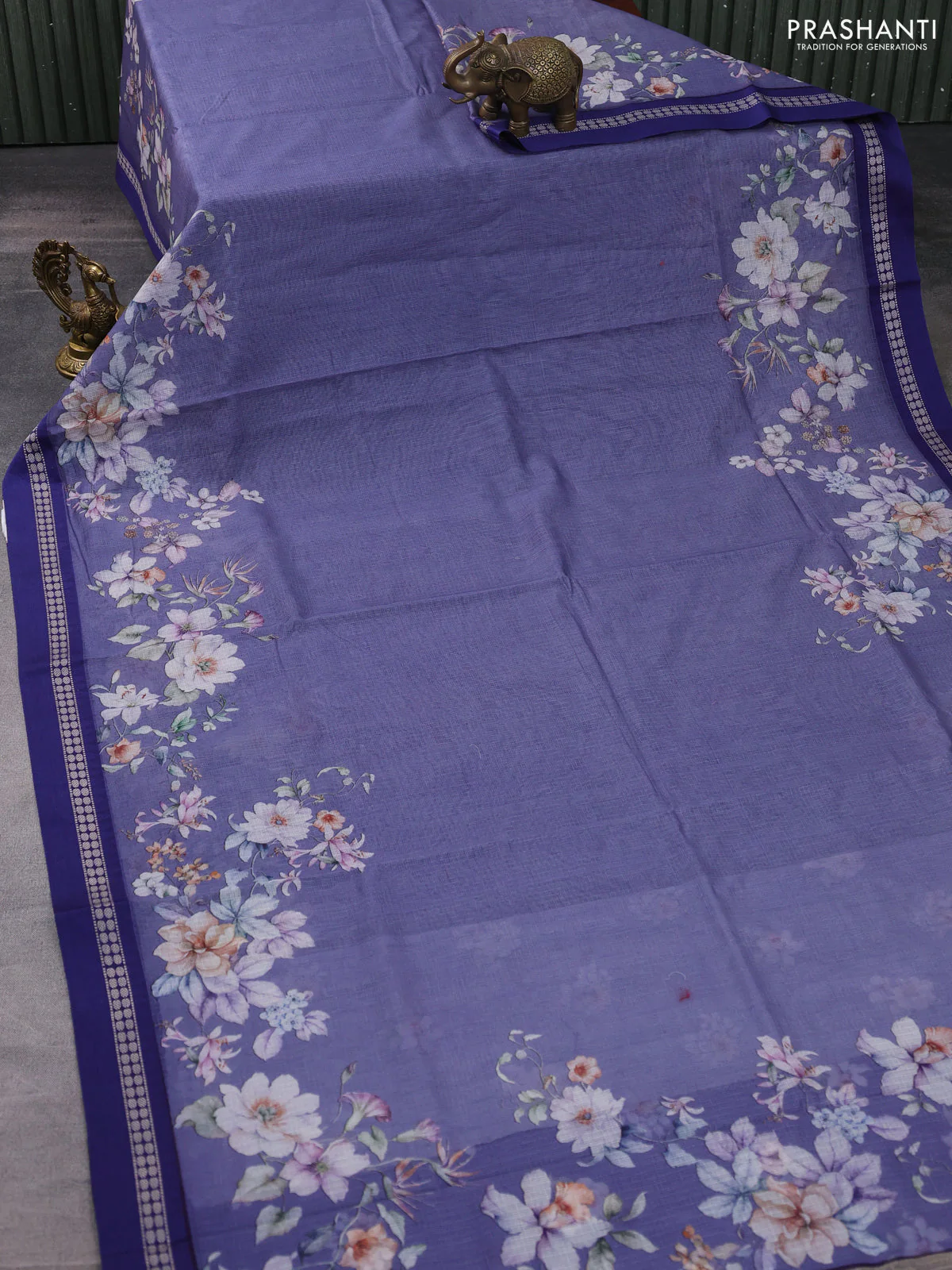 Kota silk cotton saree bluish grey and blue with floral digital prints and thread woven border - Image 2