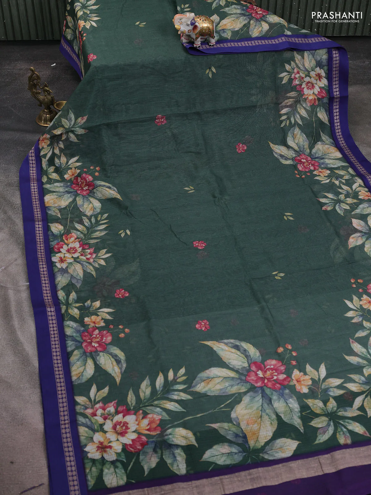 Kota silk cotton saree bottle green and blue with floral digital prints and thread woven border - Image 2