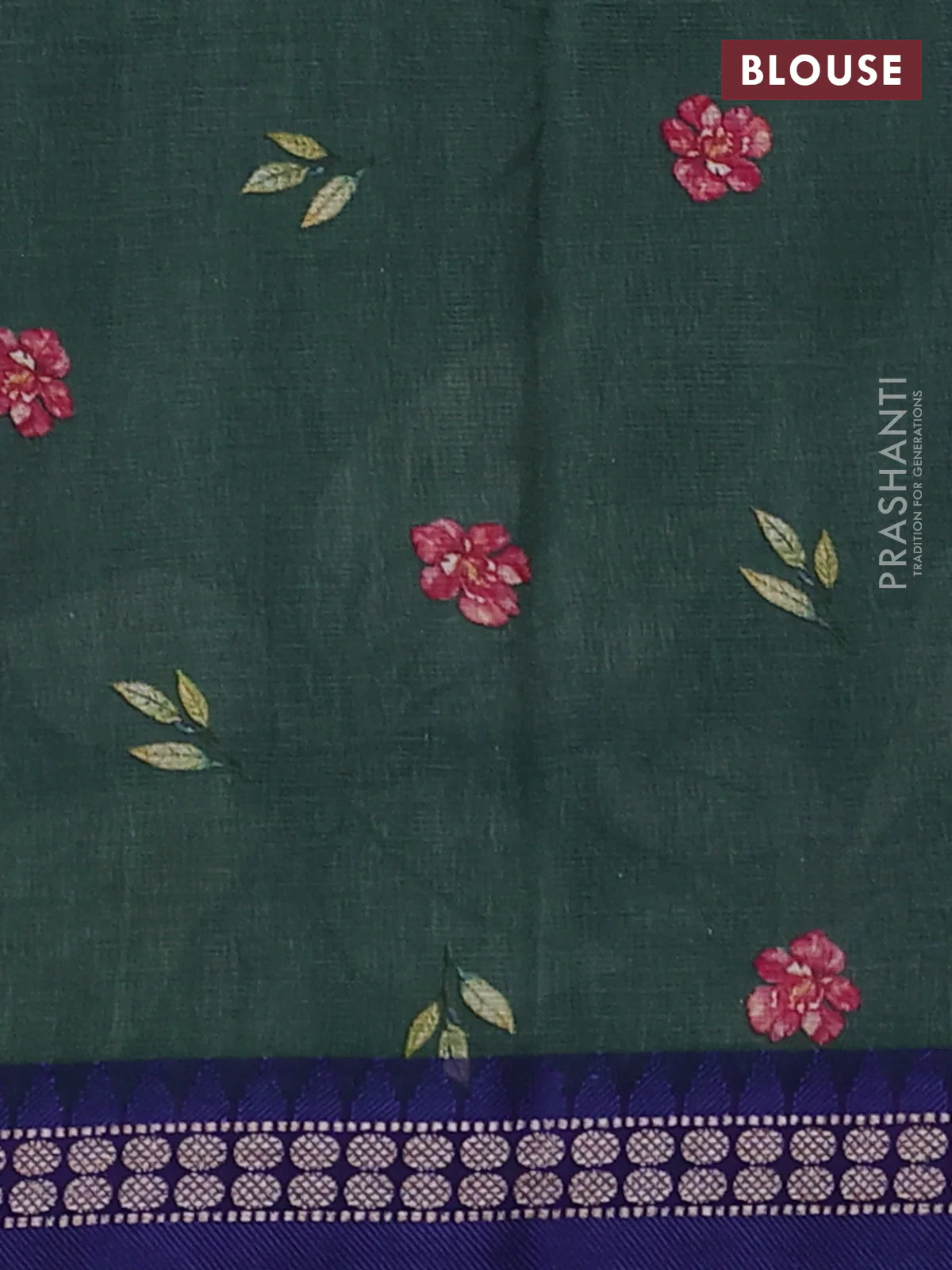 Kota silk cotton saree bottle green and blue with floral digital prints and thread woven border - Image 3