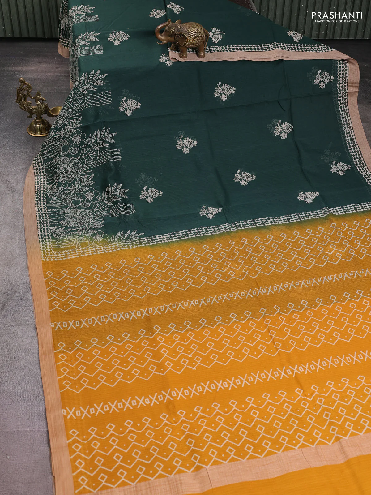 Kota silk cotton saree bottle green and dark mustard with allover block prints and simple border - Image 2