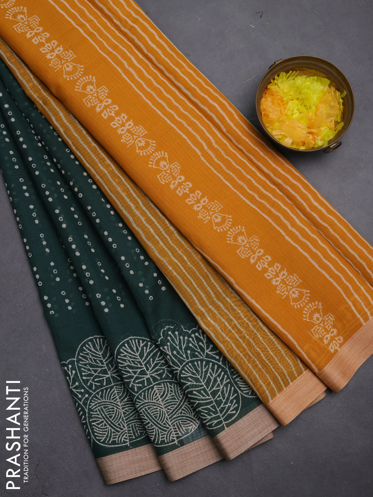 Kota silk cotton saree bottle green and dark mustard with block prints and simple border