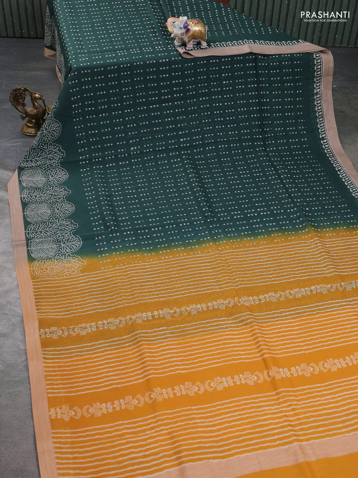 Kota silk cotton saree bottle green and dark mustard with block prints and simple border - Image 2