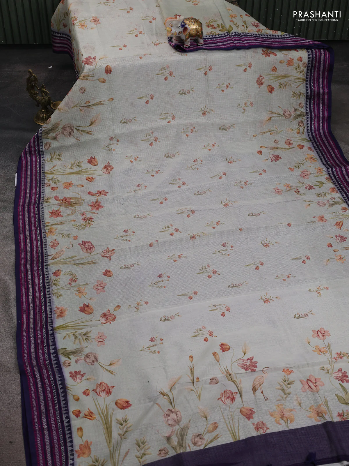 Kota silk cotton saree cream and navy blue with allover floral digital prints and thread woven border - Image 2