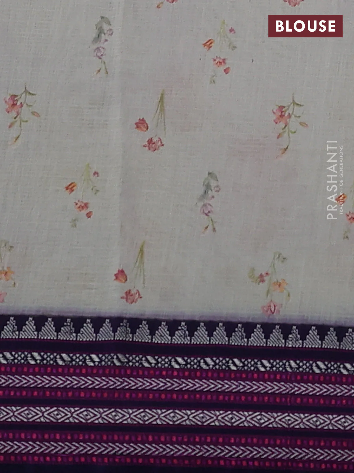 Kota silk cotton saree cream and navy blue with allover floral digital prints and thread woven border - Image 3
