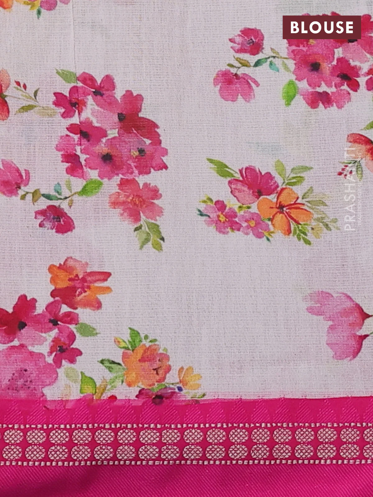 Kota silk cotton saree cream and pink with allover floral digital prints and thread woven border - Image 3
