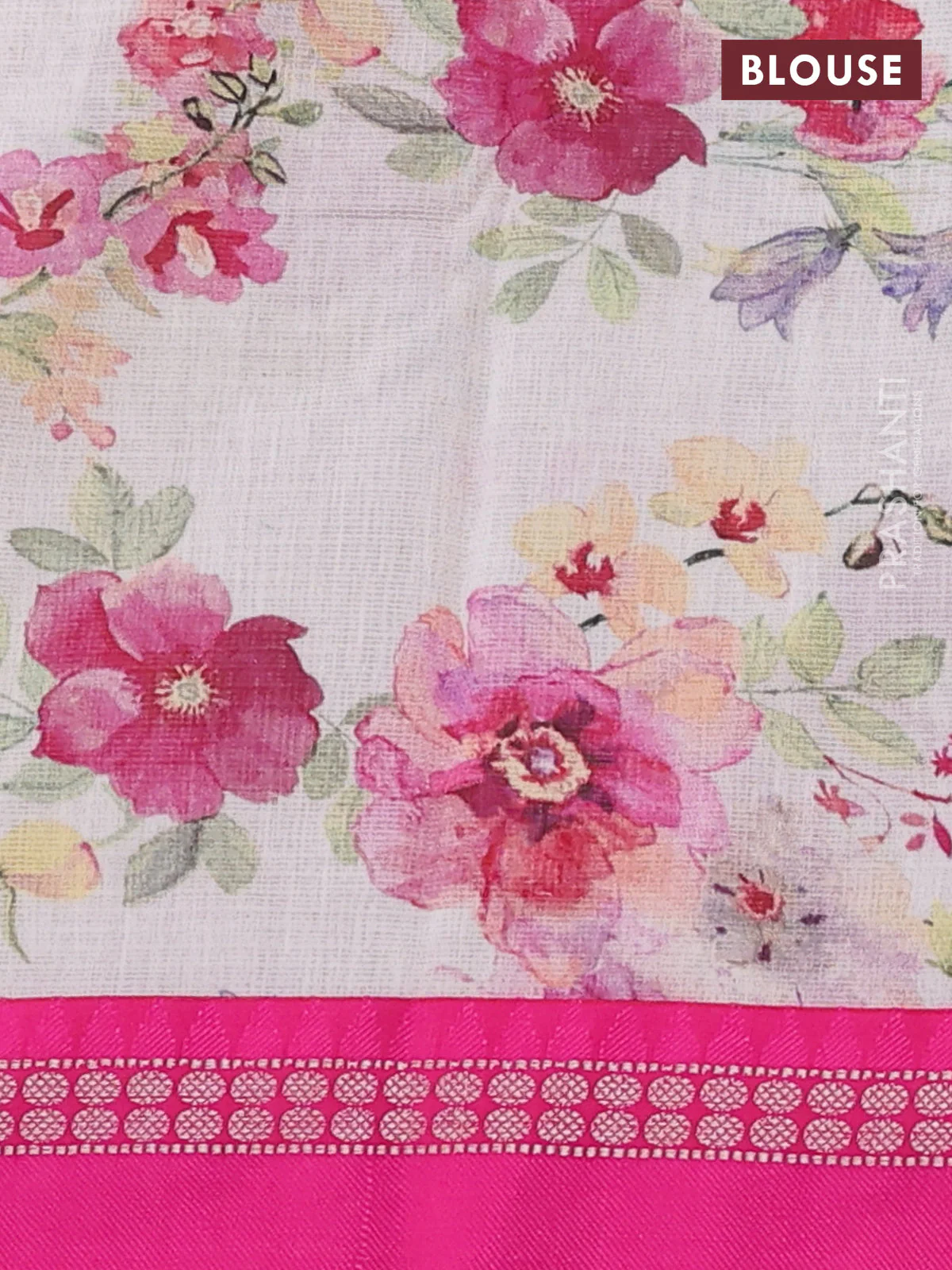 Kota silk cotton saree cream and pink with allover floral digital prints and thread woven border - Image 3