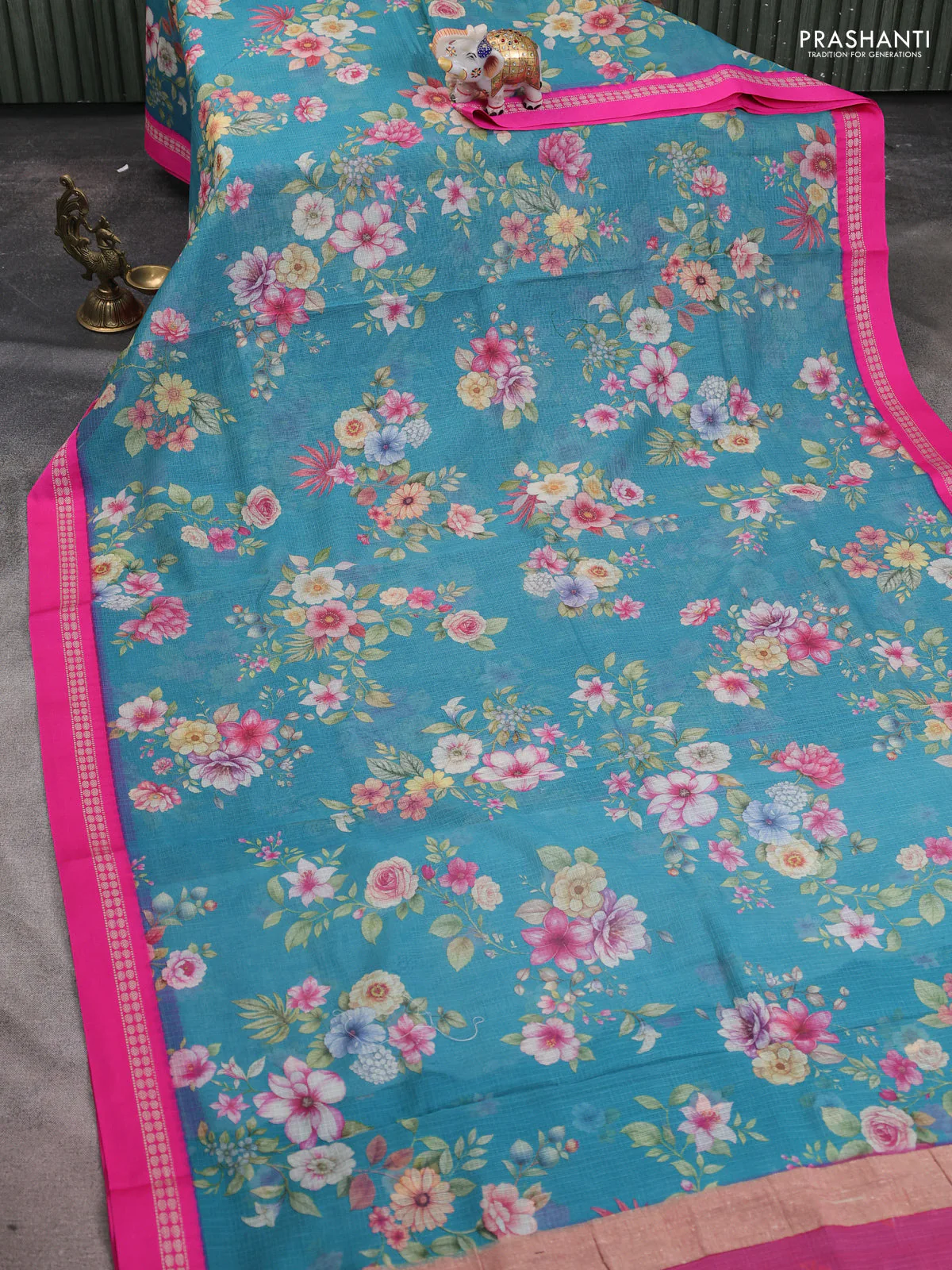 Kota silk cotton saree cs blue and pink with floarl digital prints and thread woven border - Image 2