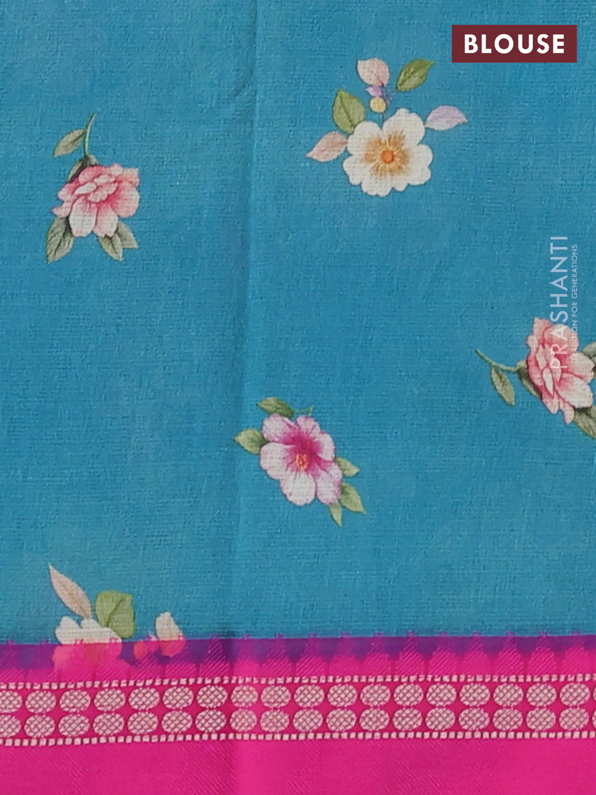 Kota silk cotton saree cs blue and pink with floarl digital prints and thread woven border - Image 3