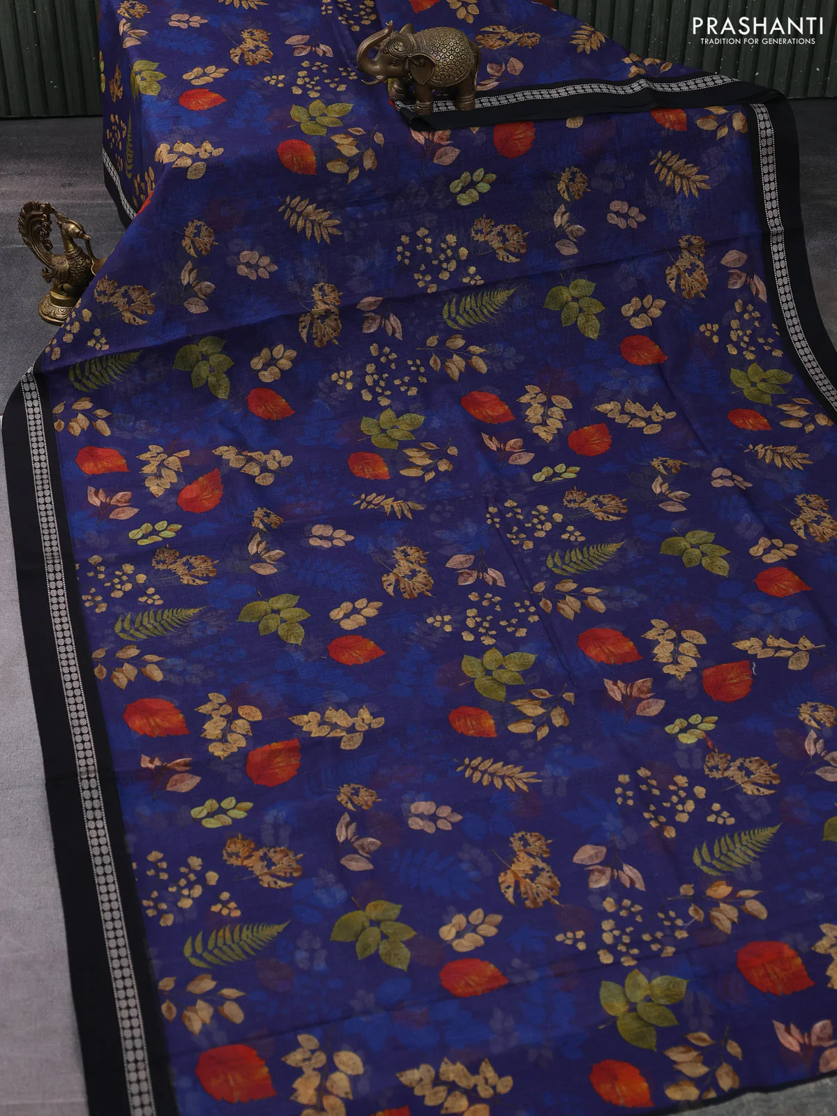 Kota silk cotton saree dark blue and black with allover leaf digital prints and thread woven border - Image 2