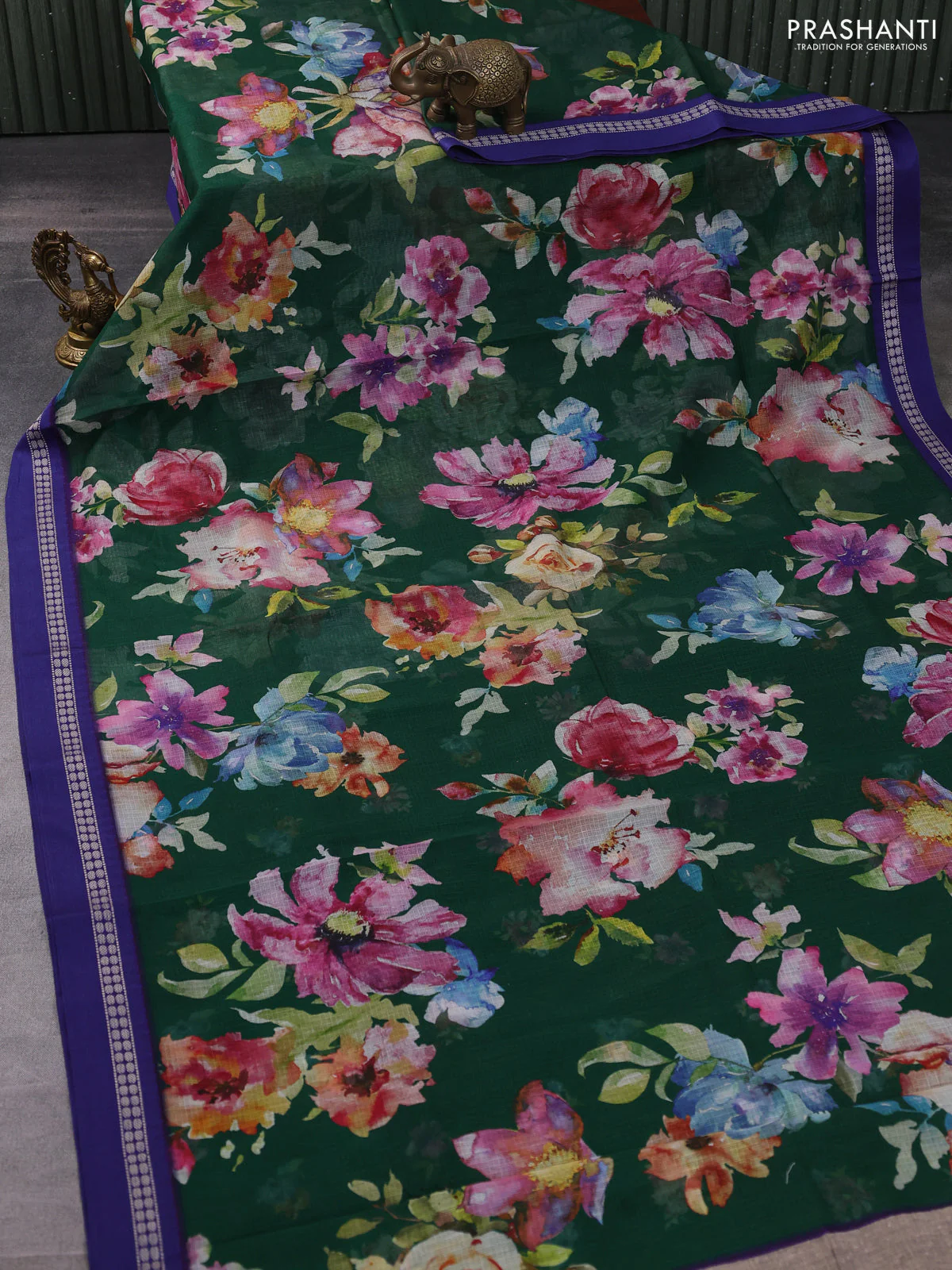 Kota silk cotton saree dark green and blue with allover floral digital prints and thread woven border - Image 2