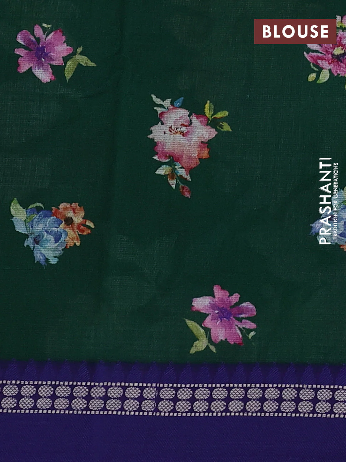 Kota silk cotton saree dark green and blue with allover floral digital prints and thread woven border - Image 3