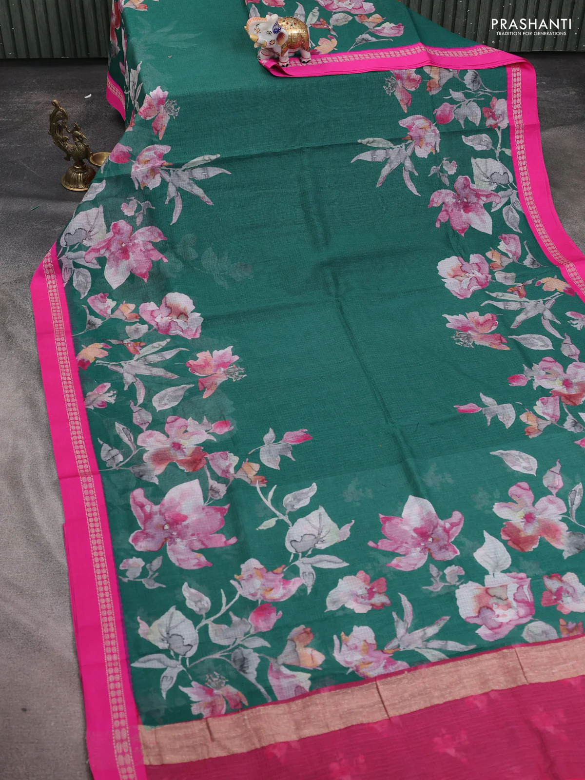 Kota silk cotton saree dark green and pink with allover floral digital prints and thread woven border - Image 2
