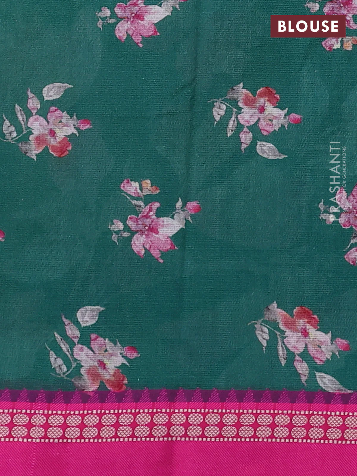 Kota silk cotton saree dark green and pink with allover floral digital prints and thread woven border - Image 3