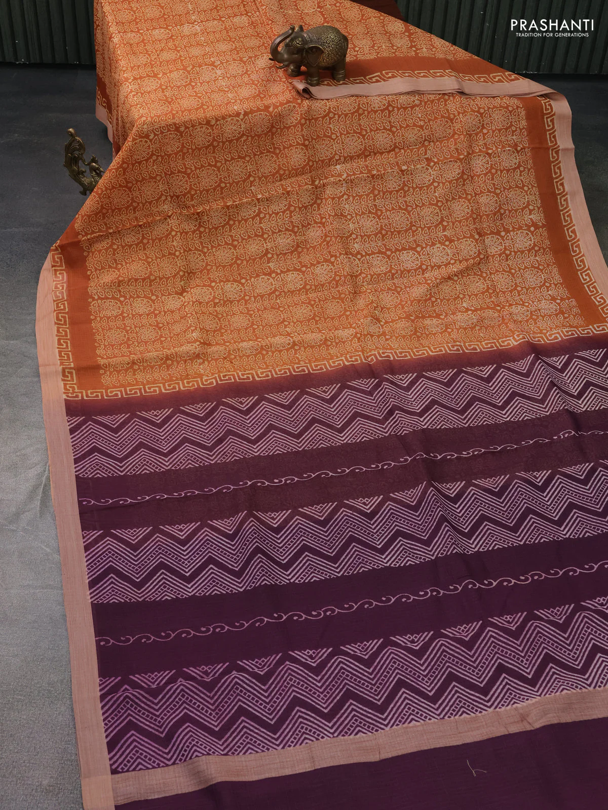 Kota silk cotton saree dark mustard and purple with allover block prints and simple border - Image 2