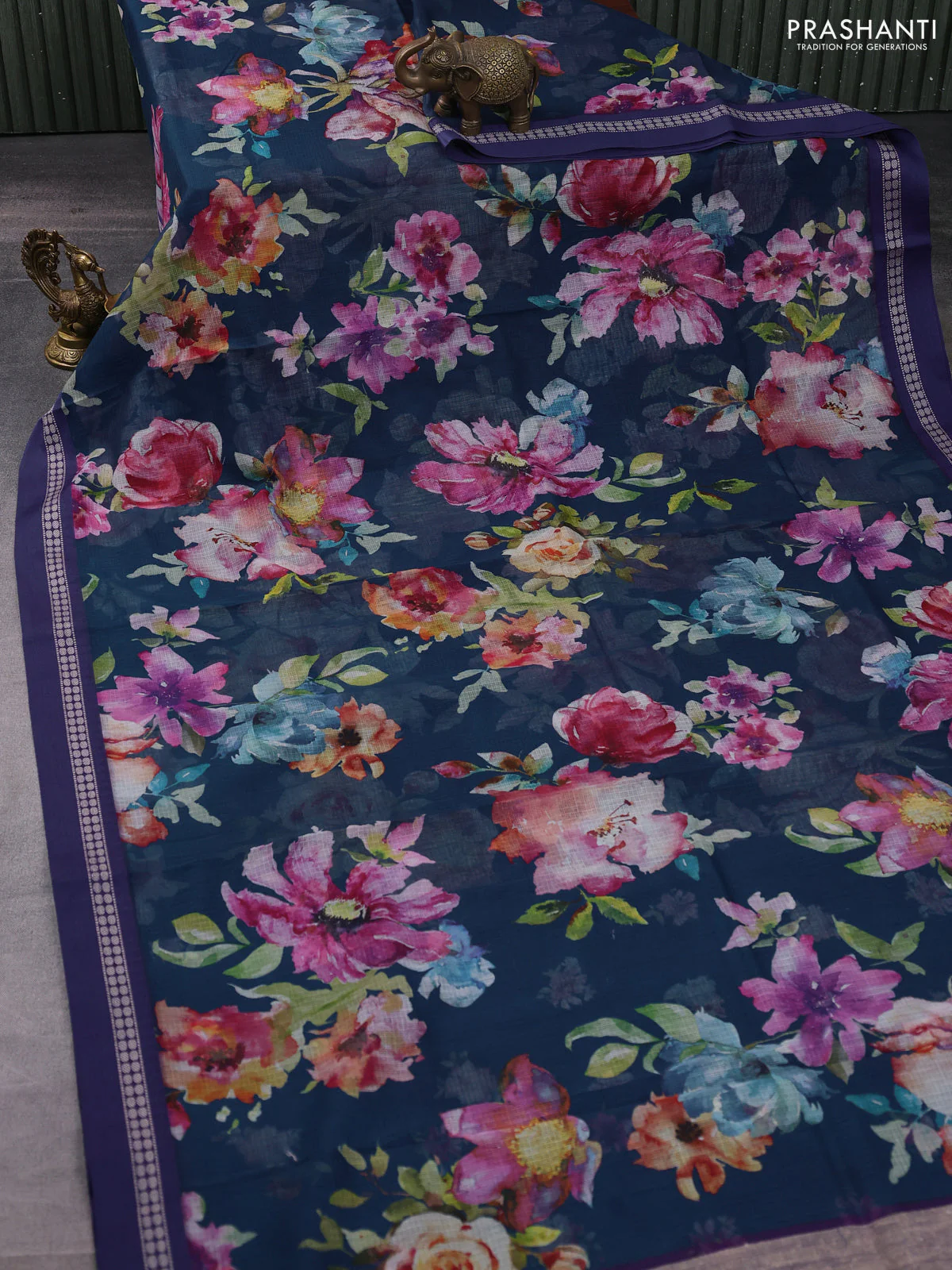Kota silk cotton saree dark peacock blue and blue with allover floral digital prints and thread woven border - Image 2
