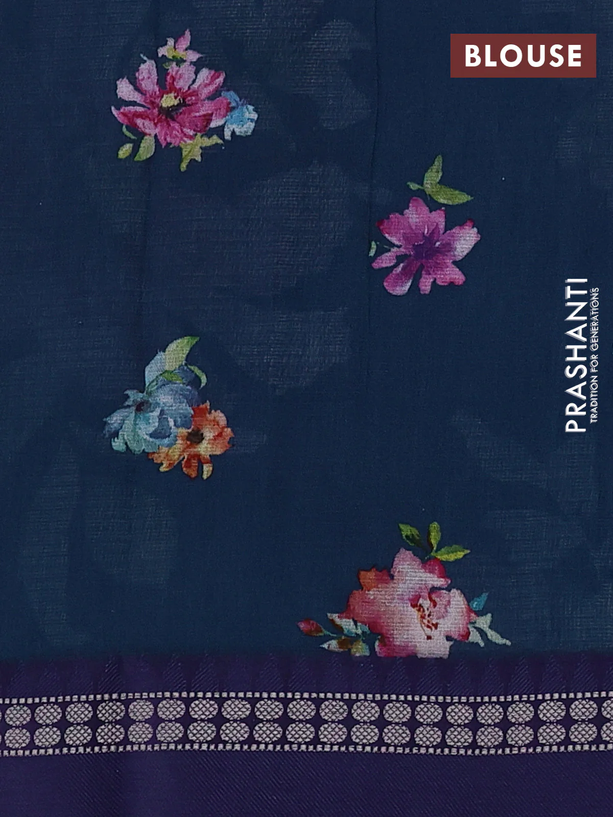 Kota silk cotton saree dark peacock blue and blue with allover floral digital prints and thread woven border - Image 3