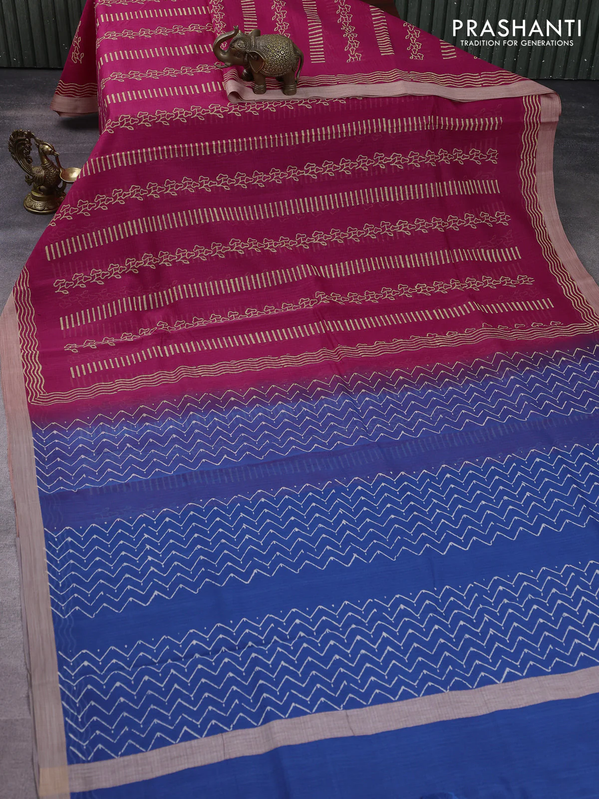 Kota silk cotton saree dark pink and blue with allover block prints and simple border - Image 2
