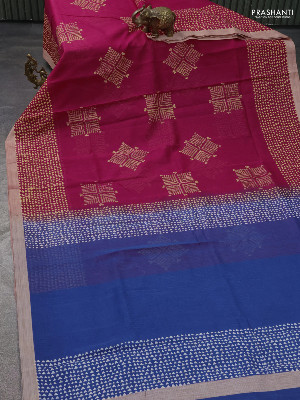 Kota silk cotton saree dark pink and blue with butta block prints and printed border - Image 2