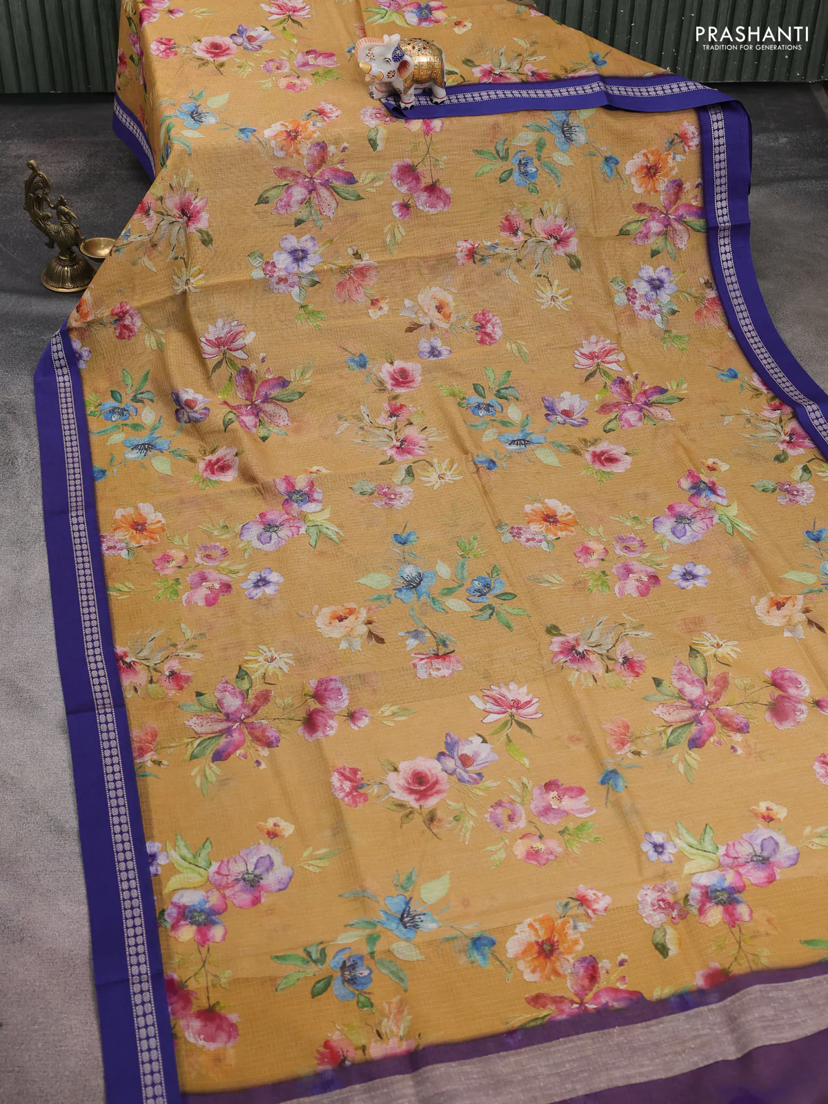 Kota silk cotton saree dark sandal and blue with allover floral digital prints and thread woven border - Image 2