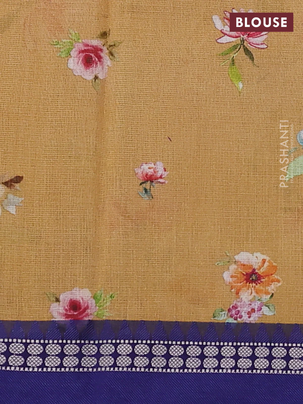 Kota silk cotton saree dark sandal and blue with allover floral digital prints and thread woven border - Image 3