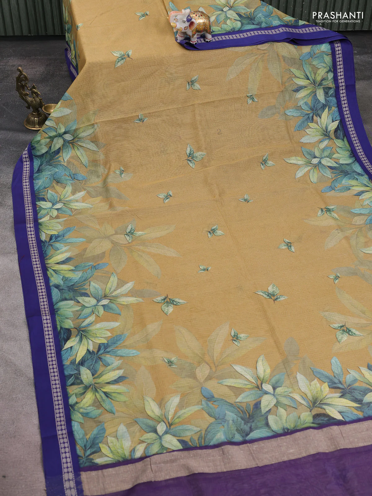 Kota silk cotton saree dark sandal and blue with digital prints and thread woven border - Image 2