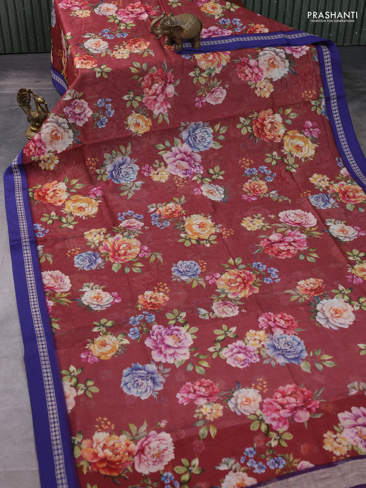Kota silk cotton saree deep maroon and blue with allover floral digital prints and thread woven border - Image 2