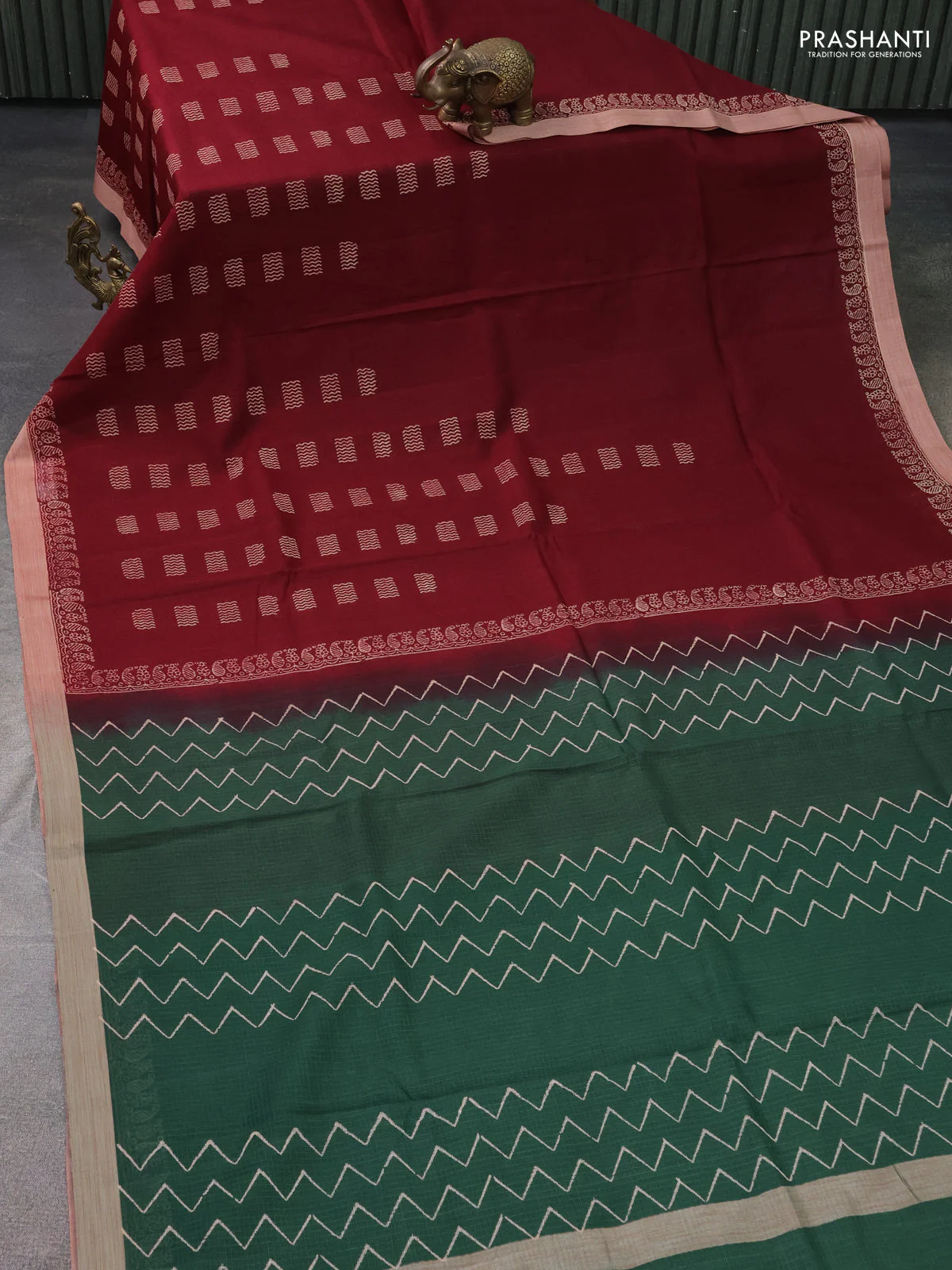 Kota silk cotton saree deep maroon and bottle green with butta block prints and printed border - Image 2