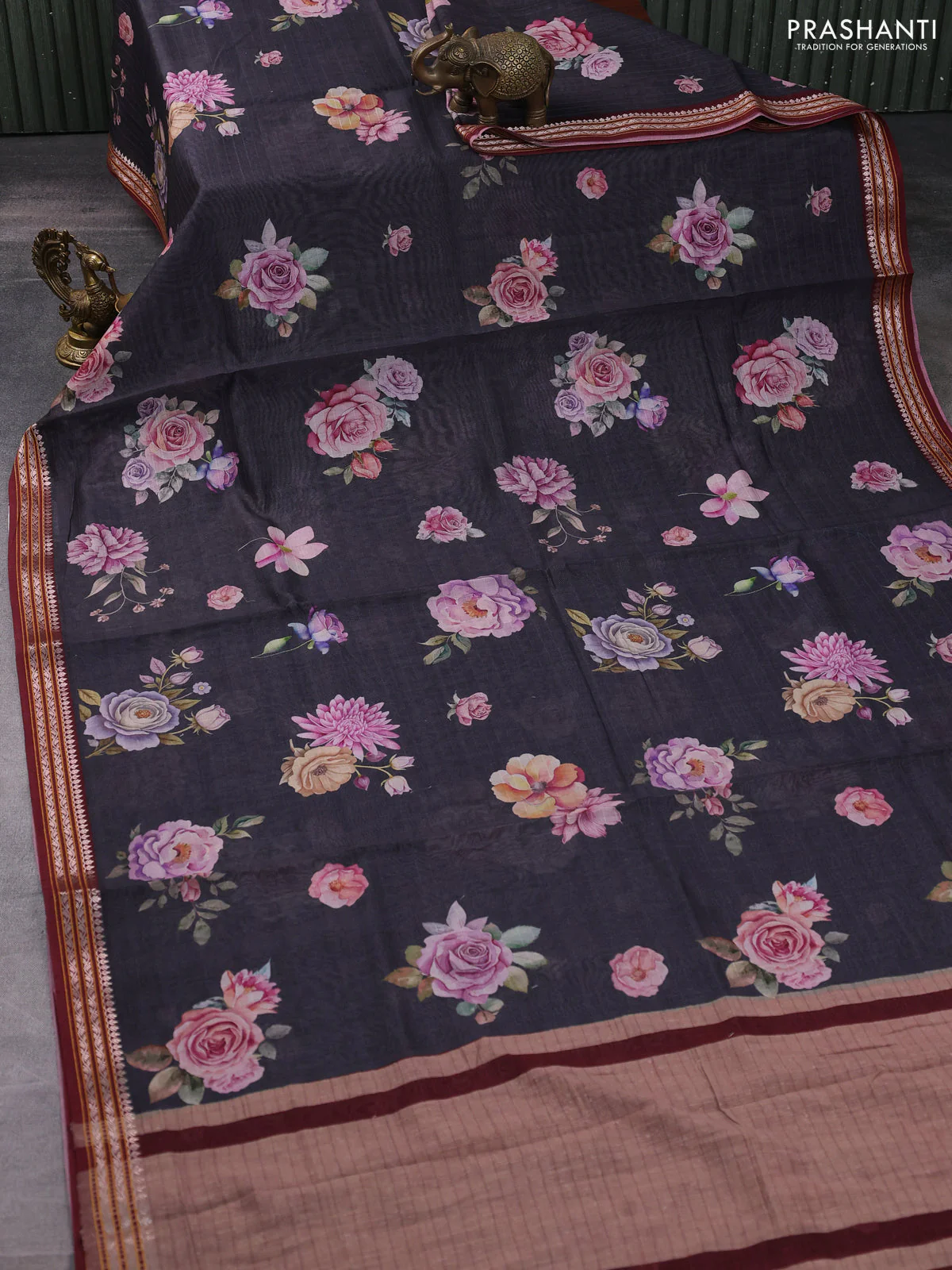 Kota silk cotton saree elephant grey and deep maroon with allover floral digital prints and thread woven border - Image 2