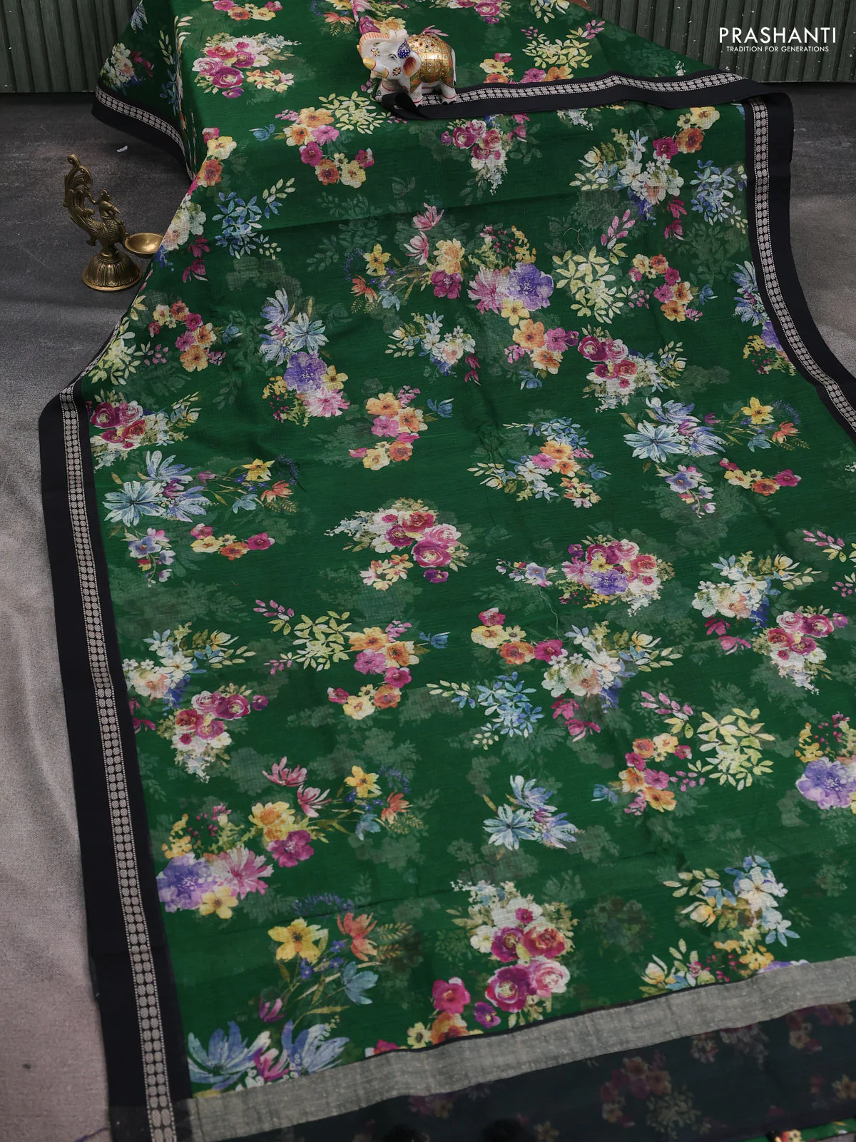 Kota silk cotton saree green and black with allover floral digital prints and thread woven border - Image 2