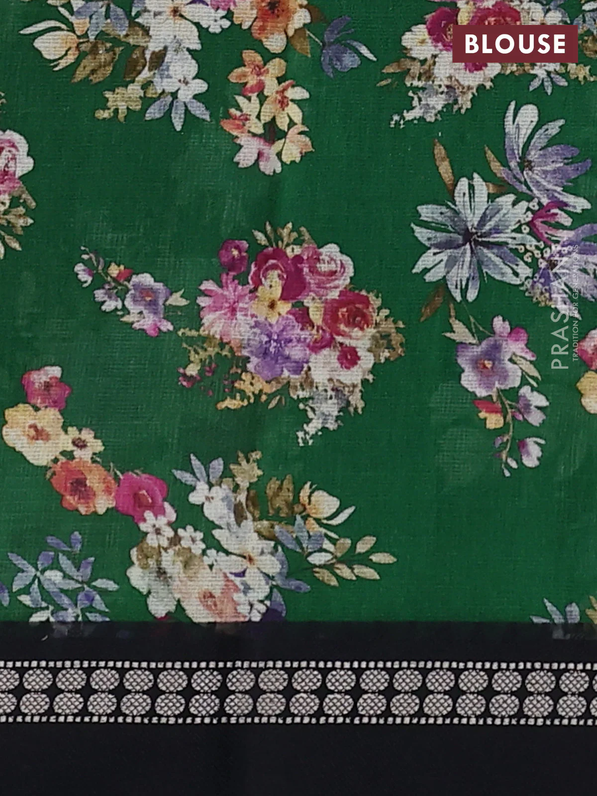 Kota silk cotton saree green and black with allover floral digital prints and thread woven border - Image 3