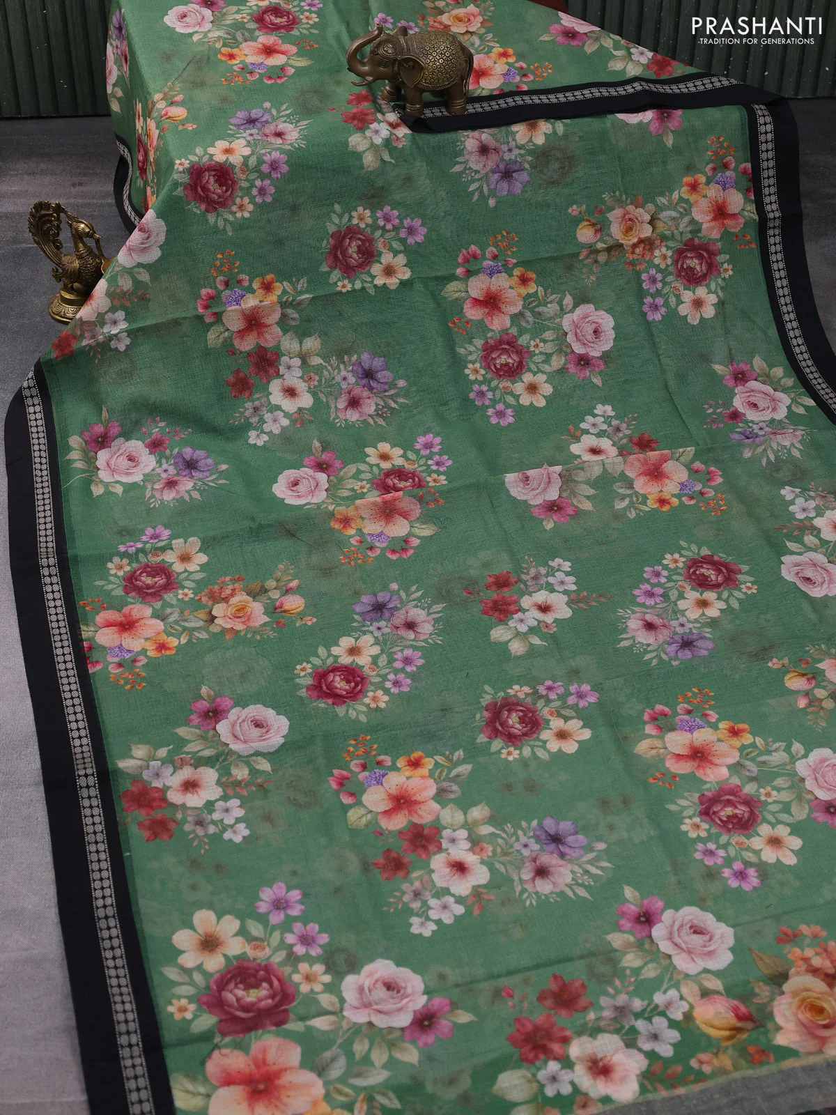 Kota silk cotton saree green and black with allover floral digital prints and thread woven border - Image 2