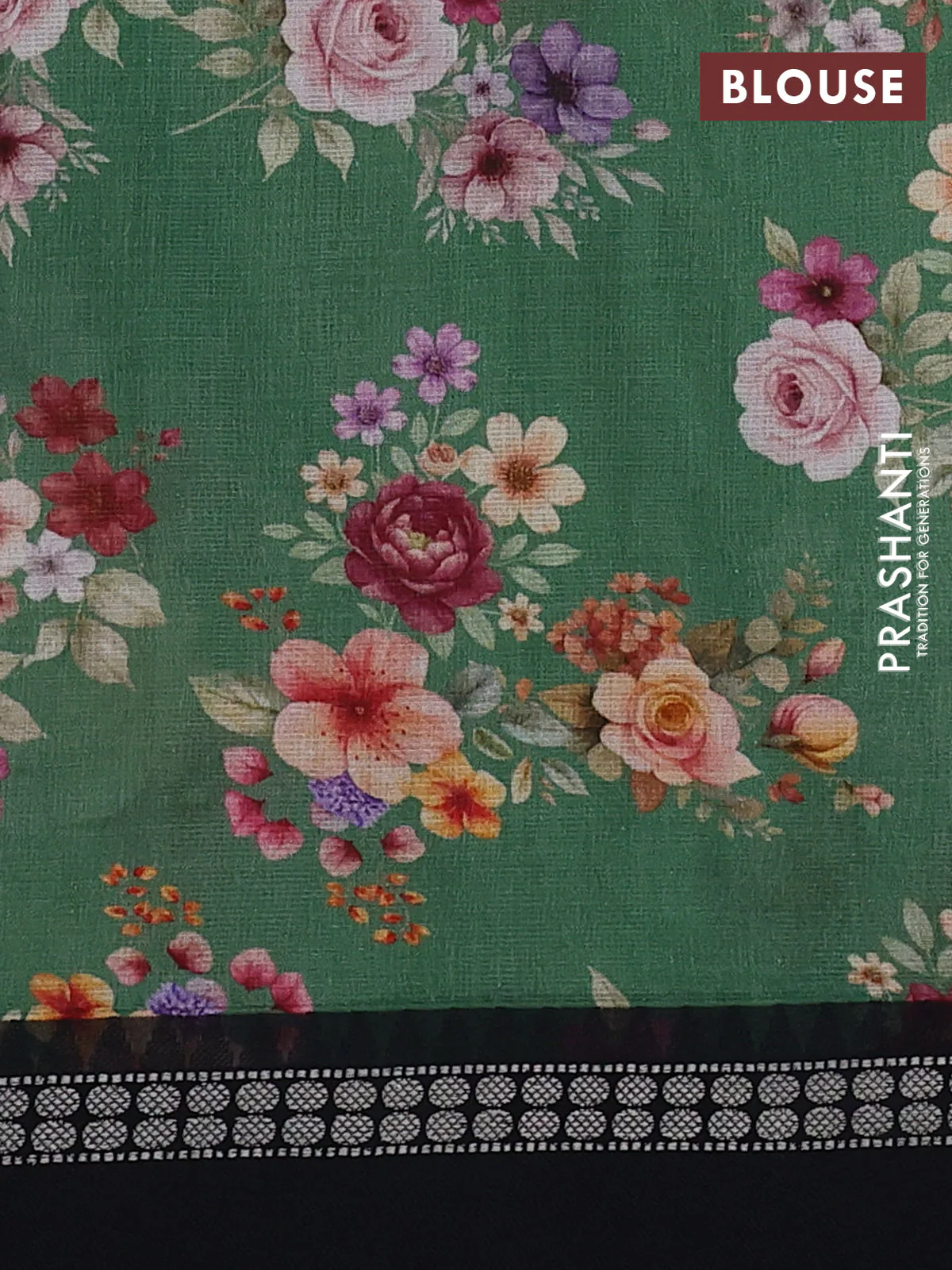 Kota silk cotton saree green and black with allover floral digital prints and thread woven border - Image 3